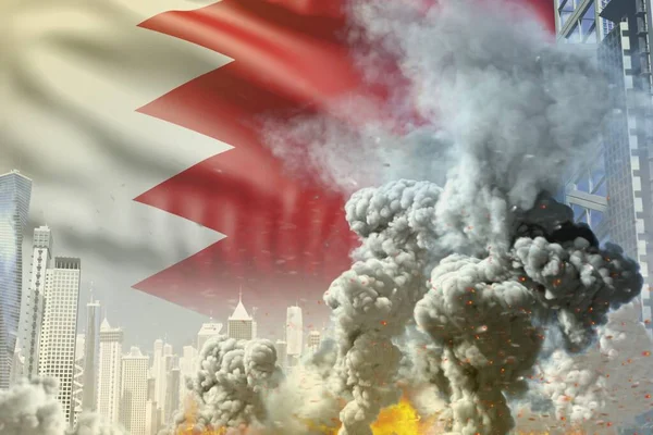 huge smoke column with fire in abstract city - concept of industrial accident or act of terror on Bahrain flag background, industrial 3D illustration