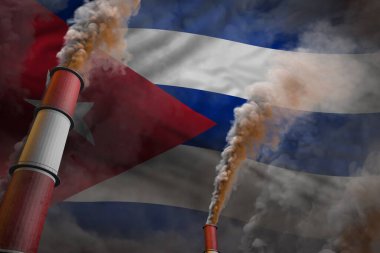 Küba kavramındaki kirlilik savaşı - bayraklarda ağır duman bulunan iki büyük fabrika borusunun endüstriyel 3D çizimi