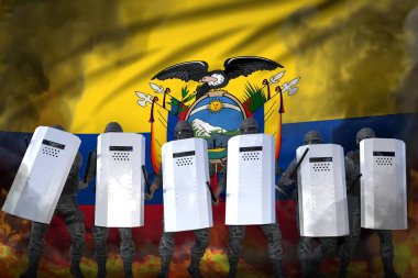 Şiddetli duman ve yangına karşı ülkeyi koruyan Ekvador polis mangası - protesto savaş konsepti, bayrak arka planında askeri illüstrasyon