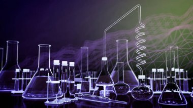 Parfüm konsepti, laboratuvar test tüpleri ve dijital efektli diğer cam eşyalar - tıbbi arka plan olarak kullanılabilir, nesnelerin üç boyutlu çizimi