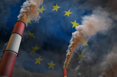 Avrupa Birliği konseptindeki kirlilik savaşı - bayraklarında ağır duman bulunan iki büyük sanayi bacasının endüstriyel 3D çizimi