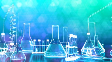 Laboratuvar test tüpleri ve diğer çeşitli cam eşyalar - kozmetoloji konsepti veya biyokimya arka planı, nesnelerin 3 boyutlu illüstrasyonu