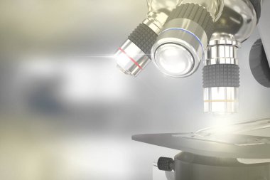 Nanoteknoloji keşfi konsepti, nesne 3D illüstrasyon - seçici odak arka planında işaret fişeğiyle laboratuvar elektronik bilimsel mikroskobu