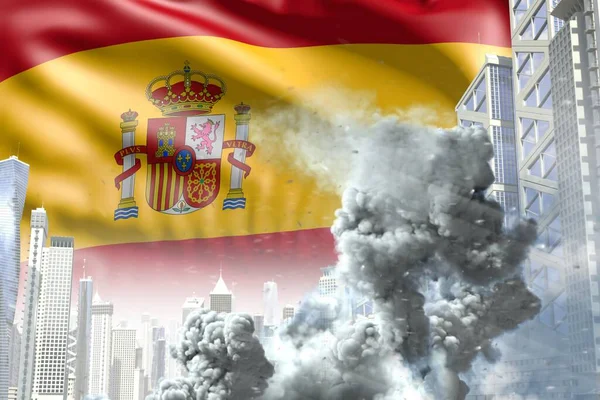 big smoke column in abstract city - concept of industrial explosion or terrorist act on Spain flag background, industrial 3D illustration