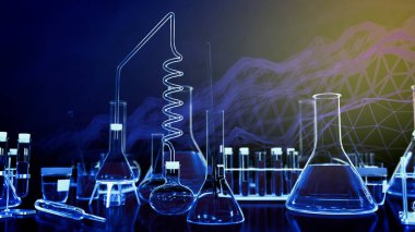 Laboratuvar test tüpleri ve dijital efektli diğer çeşitli cam eşyalar - kozmetik konsepti veya biyoloji arka planı, nesnelerin 3 boyutlu çizimi