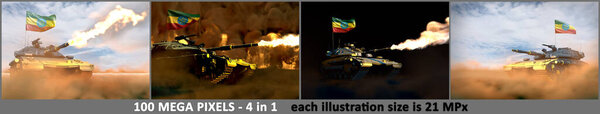 4 highly detailed pictures of heavy tank with fictive design and with Ethiopia flag - Ethiopia army concept, military 3D Illustration