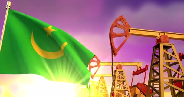 Флаг Мавритании Фоне Нефтяных Скважин — стоковое видео