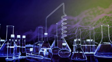 Laboratuvar test tüpleri ve dijital efektli diğer çeşitli cam eşyalar - biyoteknoloji konsepti veya biyokimya arka planı, nesnelerin 3 boyutlu illüstrasyonu