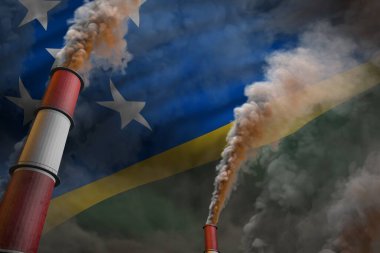 Solomon Adaları 'ndaki kirlilik savaşı - bayraklarda yoğun duman bulunan iki büyük sanayi borusunun endüstriyel 3D çizimi