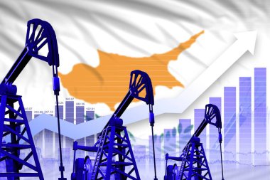 Kıbrıs petrol sanayii konsepti, endüstriyel illüstrasyon - Kıbrıs bayrağı arka planında yükselen tablo. 3B Görüntü