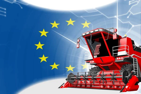 Agriculture innovation concept, red advanced grain combine harvester on European Union flag - digital industrial 3D illustration