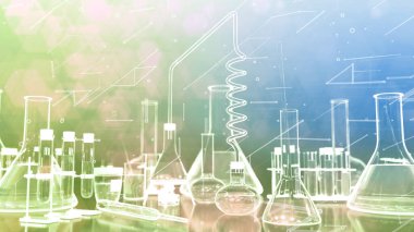 dijital stil parfüm konsepti, laboratuvar test tüpleri ve diğer cam eşyalar biyokimya arka planı olarak kullanılabilir, nesnelerin 3D çizimi
