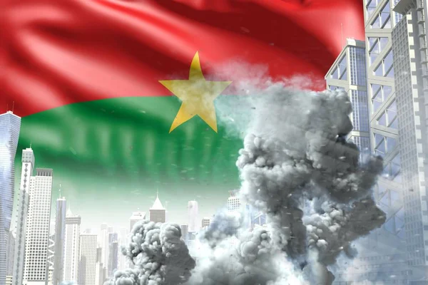 big smoke column in the modern city - concept of industrial explosion or act of terror on Burkina Faso flag background, industrial 3D illustration