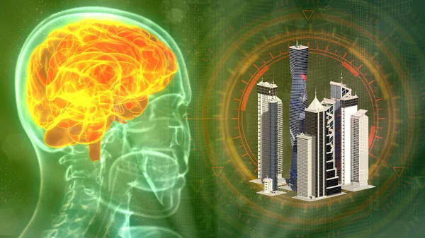 brain stricken by city life, cg industry 3d illustration
