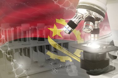 Angola bilim gelişimi dijital arka plan - bayraktaki mikroskop. İlaç endüstrisi tasarım konsepti araştırması, nesnenin 3 boyutlu illüstrasyonu