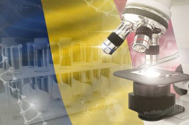 Çad bayrağında mikroskop - Bilimsel gelişim dijital arka planı. Mikrobiyoloji tasarım konsepti araştırması, nesnenin 3 boyutlu çizimi