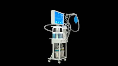 medical 3d illustration, ICU medical ventilator rendered isolated on black