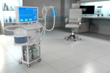 Tıbbi 3D illüstrasyon, yoğun bakım yapay akciğer solunum cihazı. Terapi hastanesinde kurgusal bir tasarım ve seçici odaklanma. Coronavirüs kavramını durdur.