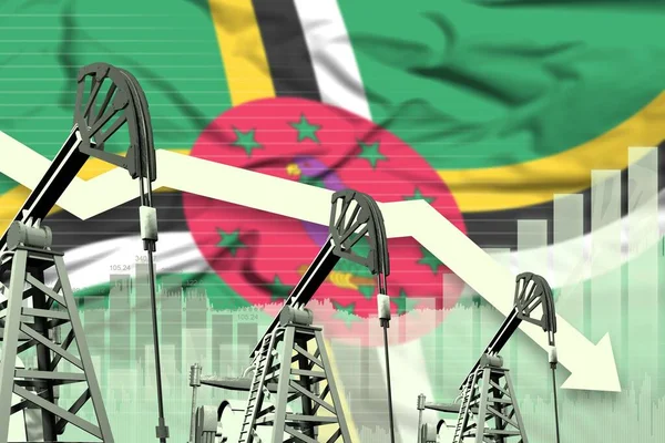 Dominica oil industry concept, industrial illustration - lowering down chart on Dominica flag background. 3D Illustration