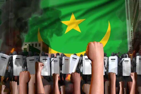 Concetto Lotta Antisommossa Protesta Mauritania Sullo Sfondo Della Bandiera Guardie — Foto Stock