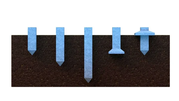 土中各种钢筋混凝土桩方案 孤立的数字工业3D插图 — 图库照片