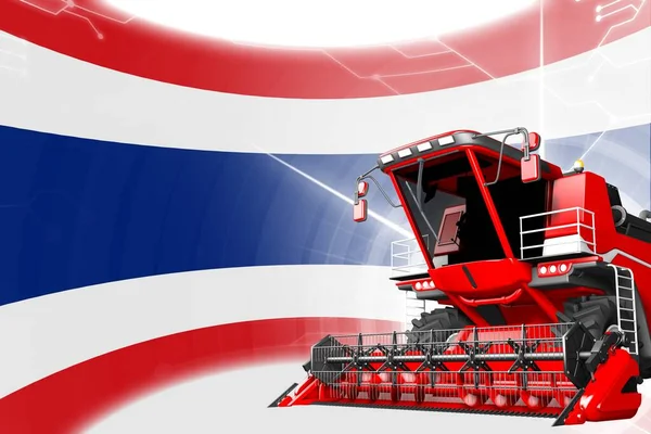 Agriculture innovation concept, red advanced rural combine harvester on Thailand flag - digital industrial 3D illustration