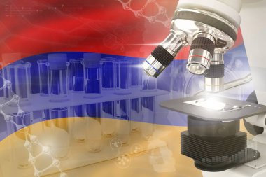 Ermenistan bayrağında mikroskop - Bilimsel gelişim dijital arka planı. Biyoloji tasarım konsepti araştırması, nesnenin 3 boyutlu illüstrasyonu