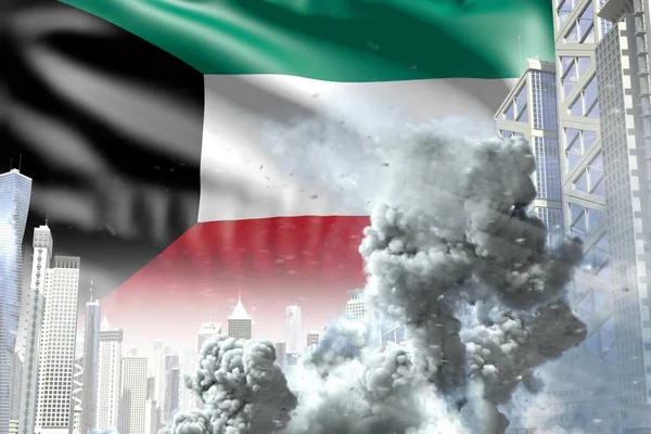 large smoke pillar in the modern city - concept of industrial accident or terroristic act on Kuwait flag background, industrial 3D illustration