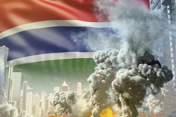 huge smoke column with fire in the modern city - concept of industrial explosion or terrorist act on Gambia flag background, industrial 3D illustration