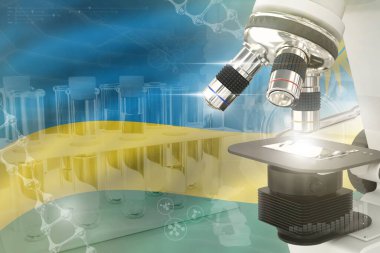 Ruanda bayrağında mikroskop - Bilimsel gelişim dijital arkaplan. Hücre yaşam tasarımı konsepti araştırması, nesnenin 3 boyutlu çizimi