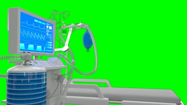 Icu Ventilatore Polmonare Con Letto Rende Isolato Verde Illustrazione Medica — Foto Stock