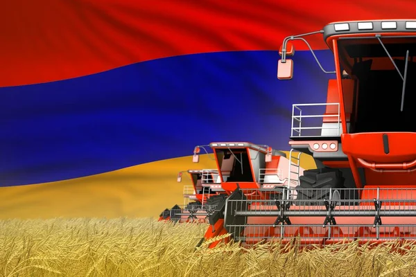 Промышленная Иллюстрация Красных Современных Комбайнов Флагом Армении Сельскохозяйственном Поле Близкий — стоковое фото