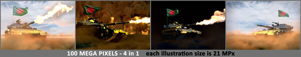 Bangladesh army concept - 4 highly detailed illustrations of heavy tank with fictional design with Bangladesh flag, military 3D Illustration