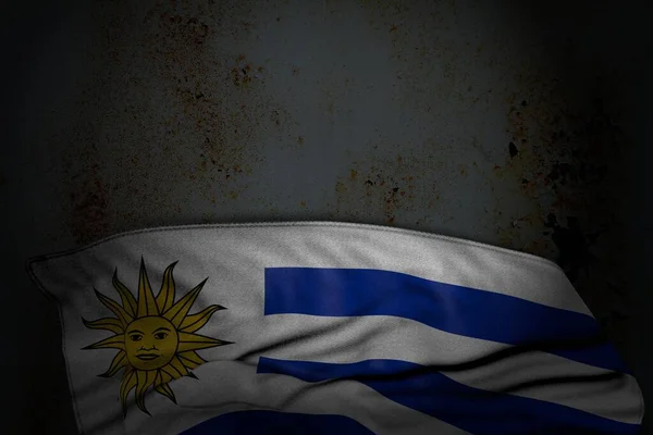 Bella Foto Scura Bandiera Uruguay Con Grandi Pieghe Metallo Arrugginito — Foto Stock