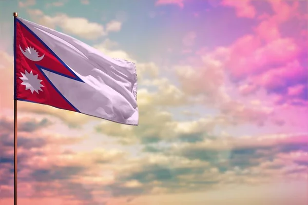 Развевающийся Макет Флага Непала Местом Текста Красочном Облачном Фоне — стоковое фото