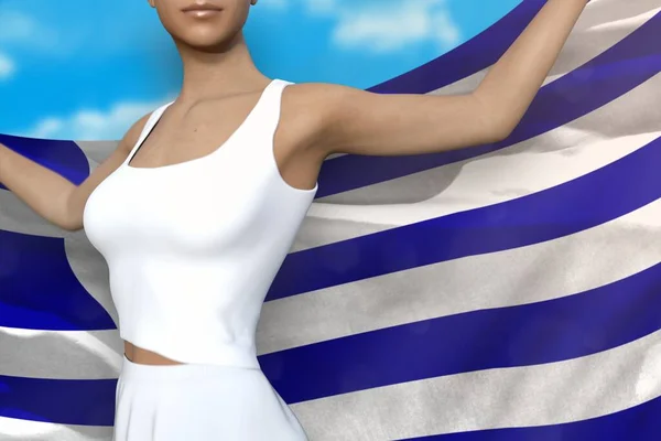 Cute Woman Holding Greece Flag Her Hands Her Cloudy Sky — Stock Photo, Image