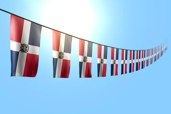 柔らかい焦点で青い空の背景にロープに斜めのハング素晴らしい多くのドミニカ共和国のフラグやバナー 任意の機会のフラグ3Dイラスト — ストック写真