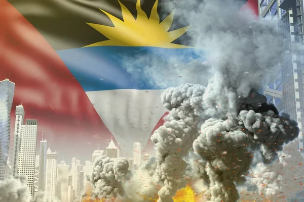 big smoke column with fire in the modern city - concept of industrial catastrophe or terroristic act on Antigua and Barbuda flag background, industrial 3D illustration