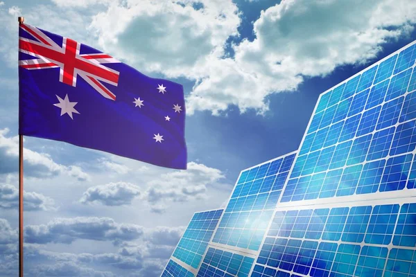 Avustralya güneş enerjisi, bayraklı alternatif enerji endüstriyel kavramı - küresel ısınmayla mücadele - endüstriyel illüstrasyon, 3D illüstrasyon