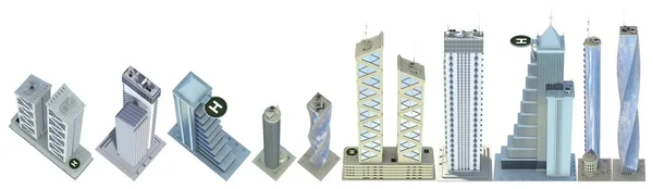 Set Von Fein Detaillierten Abstrakten Wolkenkratzern Mit Fiktionalem Design Und — Stockfoto