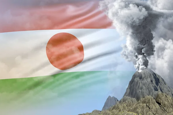 Stożkowy Wybuch Wulkanu Ciągu Dnia Białym Dymem Tle Flagi Nigru — Zdjęcie stockowe