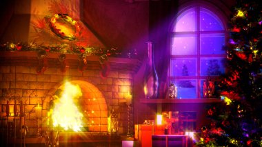 Yeni yıl ağacı ve şöminesi ateş saçan - nesne 3 boyutlu illüstrasyon