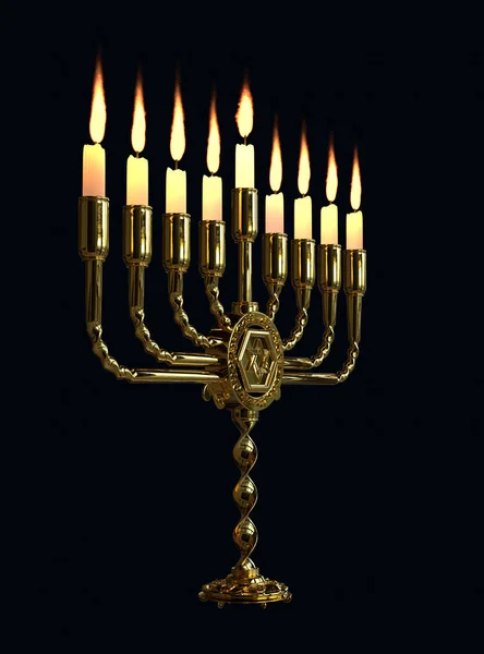 Ouro Luz Hanukkiah Ornamental Isolado Objeto Renderização — Fotografia de Stock