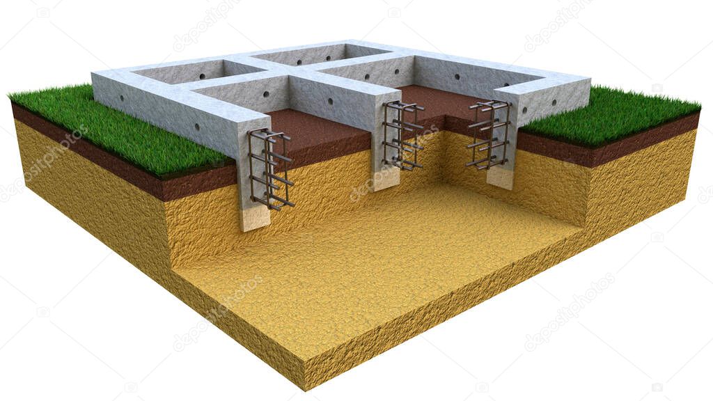 poured reinforced concrete wall base, isolated cgi industrial 3D rendering