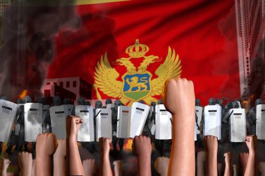 Protest in Montenegro - police guards stand against the protesting crowd on flag background, disorder stopping concept, military 3D Illustration clipart