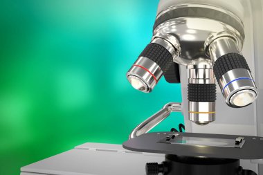 Biyokimya geliştirme konsepti, nesne 3D illüstrasyon - Bokeh arka planında laboratuvar elektronik bilimsel mikroskobu