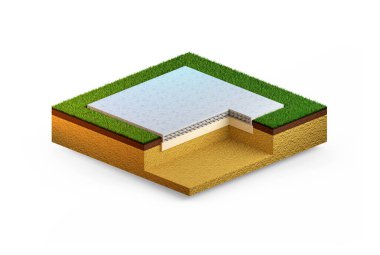 Dökülen çimento döşeme temeli. izole konsept endüstriyel 3D oluşturma