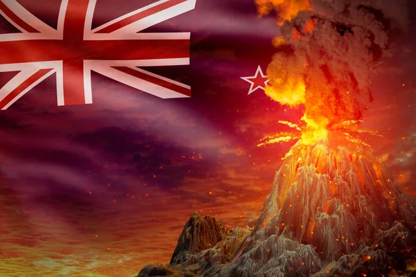Erupção Estratovulcão Noite Com Explosão Fundo Bandeira Nova Zelândia Problemas — Fotografia de Stock