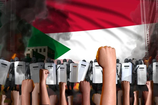 disorder fighting concept - protest in Sudan on flag background, police officers stand against the angry crowd -  military 3D Illustration