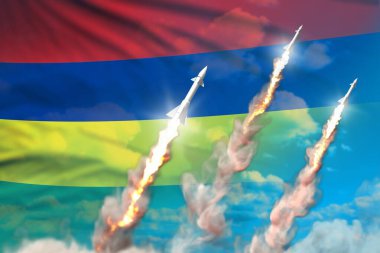 Mavi gökyüzü arka planında modern stratejik roket kuvvetleri konsepti, Mauritius nükleer savaş başlığı saldırısı - askeri endüstriyel illüstrasyon, bayraklı nükleer bomba